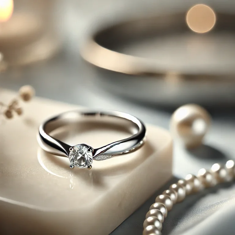 DALL·E 2024-06-27 00.28.04 - An elegant silver ring placed on a light marble surface. The ring gently gleams, its surface smooth and reflecting light beautifully. There is a subtl